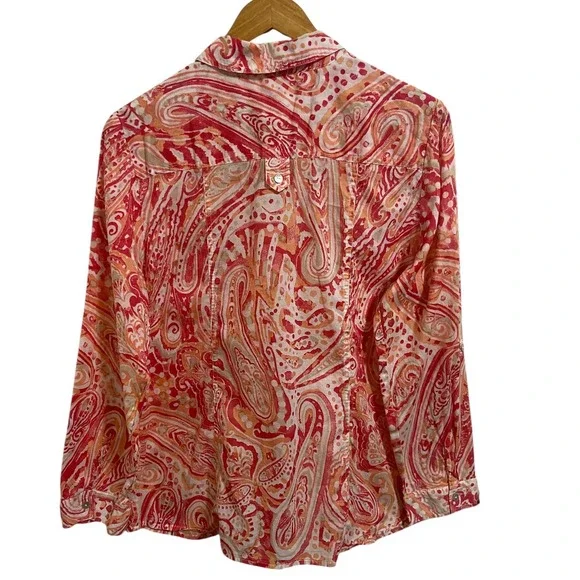 Chico's Coral Pink Paisley Button Up Shirt Resortwear Coastal Boho Size 2 Large - Picture 3 of 13